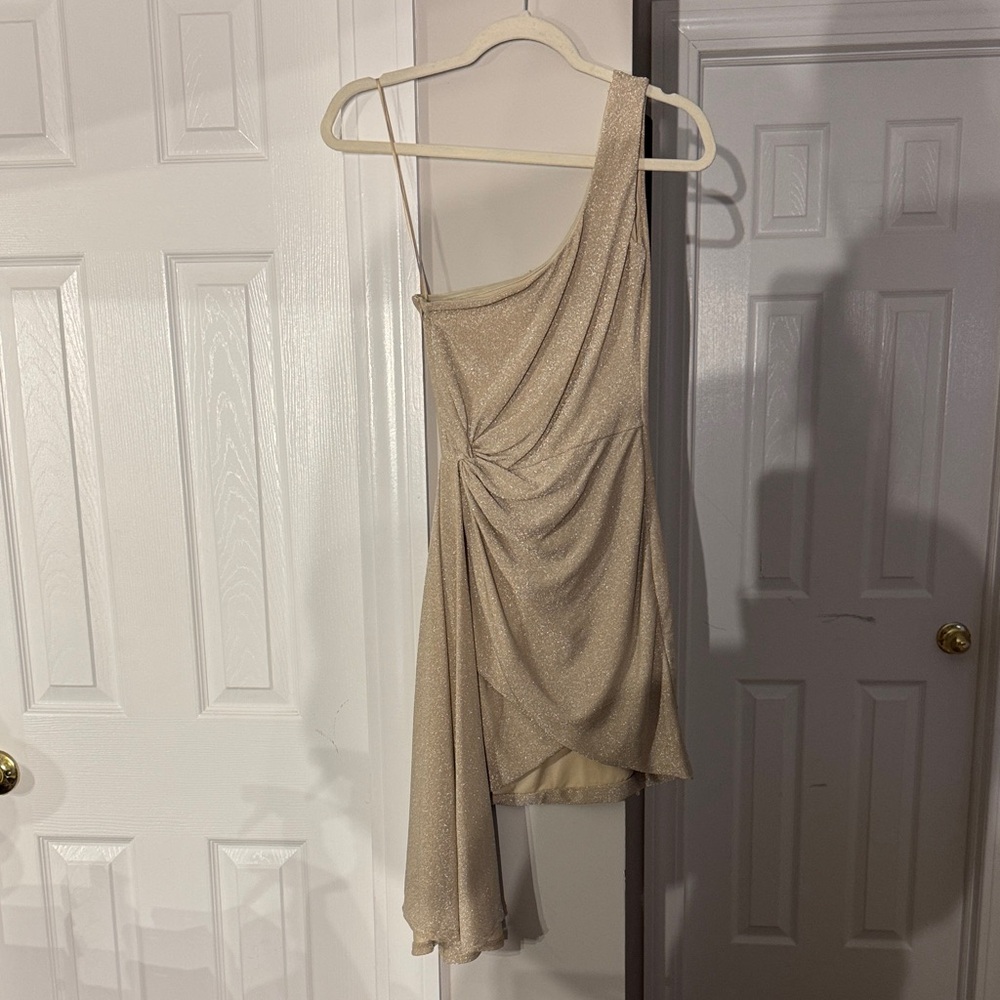 Meshki One-Shoulder Draped Mini Dress in Champagne Gold